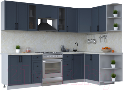 Кухонный гарнитур Интерлиния Тренд 1.5x2.8 правая (индиго/индиго/опал светлый) - фото