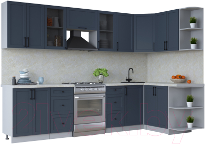 Кухонный гарнитур Интерлиния Тренд 1.5x3.0 правая (индиго/индиго/опал светлый) - фото