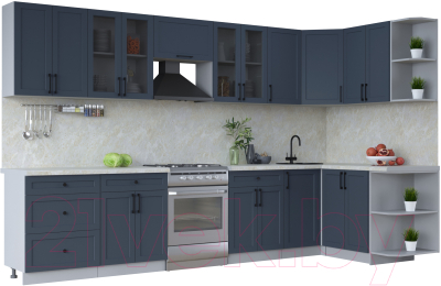 Кухонный гарнитур Интерлиния Тренд 1.5x3.4 правая (индиго/индиго/опал светлый) - фото