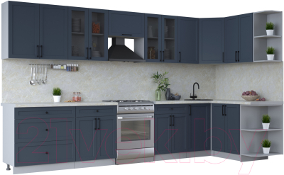 Кухонный гарнитур Интерлиния Тренд 1.5x3.6 правая (индиго/индиго/опал светлый) - фото