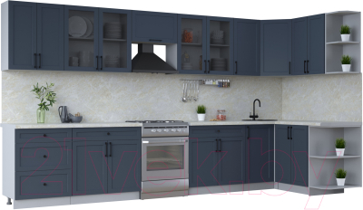 Кухонный гарнитур Интерлиния Тренд 1.5x3.8 правая (индиго/индиго/опал светлый) - фото