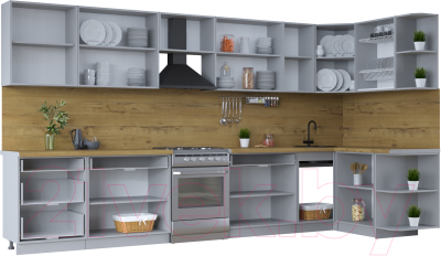 Кухонный гарнитур Интерлиния Тренд 1.5x3.8 правая (индиго/индиго/опал светлый)