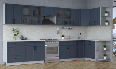 Кухонный гарнитур Интерлиния Тренд 1.5x3.8 правая (индиго/индиго/опал светлый)