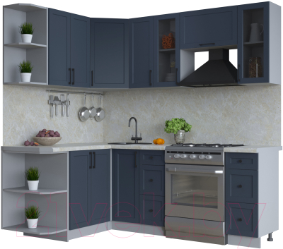 Кухонный гарнитур Интерлиния Тренд 1.5x2.1 левая (индиго/индиго/опал светлый) - фото