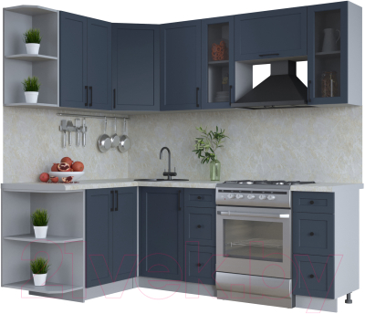 Кухонный гарнитур Интерлиния Тренд 1.5x2.2 левая (индиго/индиго/опал светлый) - фото