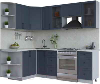 Кухонный гарнитур Интерлиния Тренд 1.5x2.3 левая (индиго/индиго/опал светлый) - фото