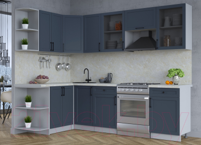 Кухонный гарнитур Интерлиния Тренд 1.5x2.6 левая (индиго/индиго/опал светлый)