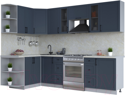 Кухонный гарнитур Интерлиния Тренд 1.5x2.7 левая (индиго/индиго/опал светлый) - фото