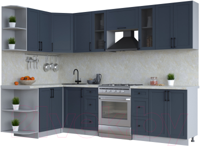 Кухонный гарнитур Интерлиния Тренд 1.5x2.8 левая (индиго/индиго/опал светлый) - фото