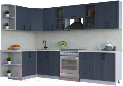 Кухонный гарнитур Интерлиния Тренд 1.5x3.0 левая (индиго/индиго/опал светлый) - фото