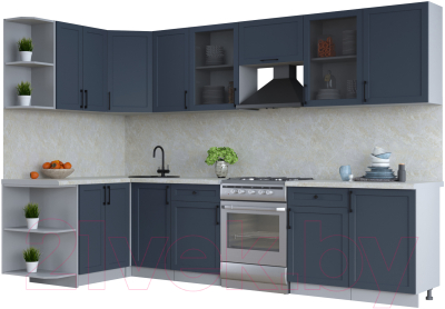 Кухонный гарнитур Интерлиния Тренд 1.5x3.1 левая (индиго/индиго/опал светлый) - фото