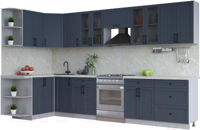 Кухонный гарнитур Интерлиния Тренд 1.5x3.4 левая (индиго/индиго/опал светлый) - фото