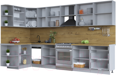 Кухонный гарнитур Интерлиния Тренд 1.5x3.4 левая (индиго/индиго/опал светлый)