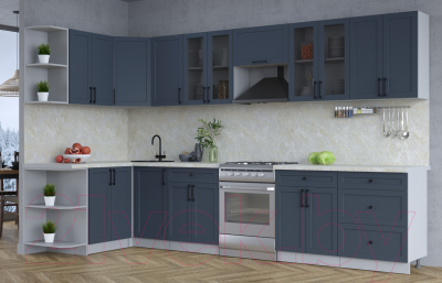 Кухонный гарнитур Интерлиния Тренд 1.5x3.4 левая (индиго/индиго/опал светлый)