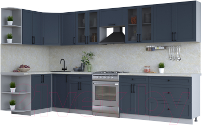Кухонный гарнитур Интерлиния Тренд 1.5x3.6 левая (индиго/индиго/опал светлый) - фото