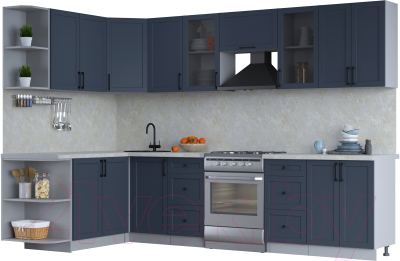 Кухонный гарнитур Интерлиния Тренд 1.7x3.0 левая (индиго/индиго/опал светлый) - фото