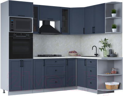 Кухонный гарнитур Интерлиния Тренд 1.68x2.4 ВТ правая (индиго/индиго/опал светлый) - фото