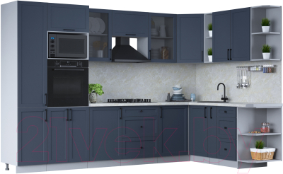 Кухонный гарнитур Интерлиния Тренд 1.88x3.2 ВТ правая (индиго/индиго/опал светлый) - фото