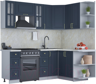 Кухонный гарнитур Интерлиния Мила Шато 1.5x2.1 правая (индиго/индиго/опал светлый) - фото