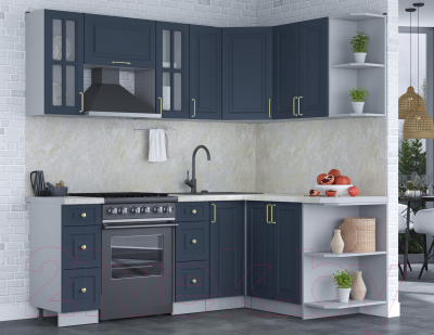 Кухонный гарнитур Интерлиния Мила Шато 1.5x2.1 правая (индиго/индиго/опал светлый)