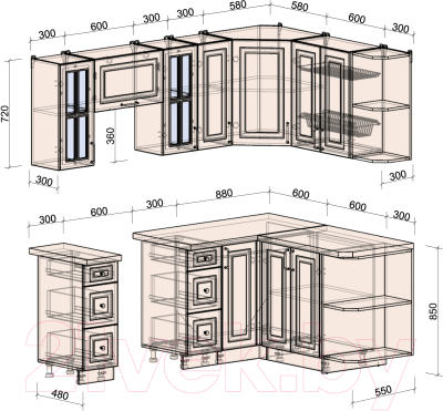 Кухонный гарнитур Интерлиния Мила Шато 1.5x2.1 правая (индиго/индиго/опал светлый)