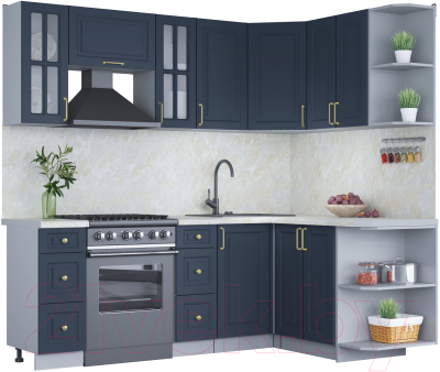 Кухонный гарнитур Интерлиния Мила Шато 1.5x2.2 правая (индиго/индиго/опал светлый) - фото