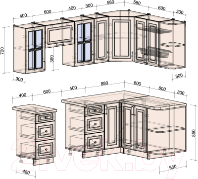 Готовая кухня Интерлиния Мила Шато 1.5x2.3 правая