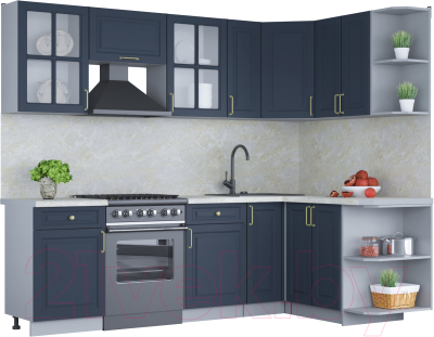Кухонный гарнитур Интерлиния Мила Шато 1.5x2.5 правая (индиго/индиго/опал светлый) - фото