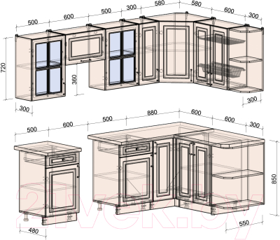 Кухонный гарнитур Интерлиния Мила Шато 1.5x2.5 правая (индиго/индиго/опал светлый)