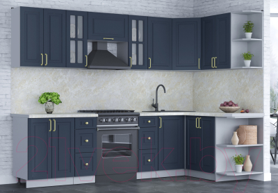 Кухонный гарнитур Интерлиния Мила Шато 1.5x2.8 правая (индиго/индиго/опал светлый)