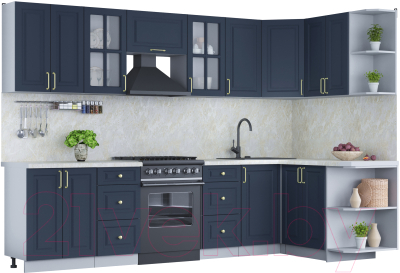 Кухонный гарнитур Интерлиния Мила Шато 1.5x3.0 правая (индиго/индиго/опал светлый) - фото