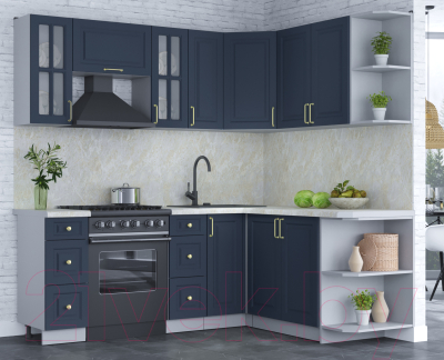 Кухонный гарнитур Интерлиния Мила Шато 1.7x2.1 правая (индиго/индиго/опал светлый)