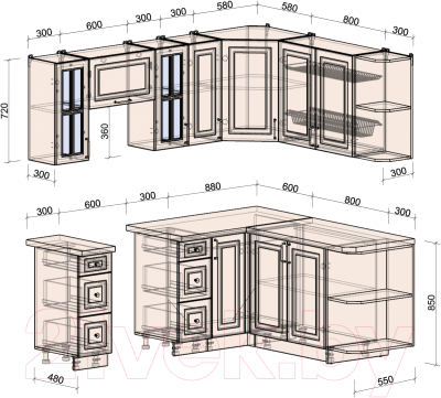 Кухонный гарнитур Интерлиния Мила Шато 1.7x2.1 правая (индиго/индиго/опал светлый)