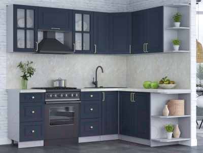 Кухонный гарнитур Интерлиния Мила Шато 1.7x2.3 правая (индиго/индиго/опал светлый)