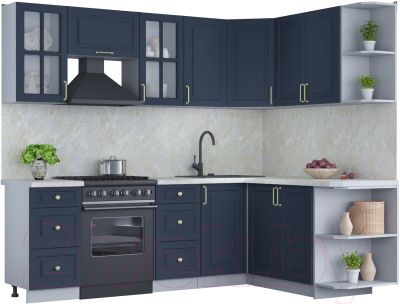 Кухонный гарнитур Интерлиния Мила Шато 1.7x2.4 правая (индиго/индиго/опал светлый) - фото