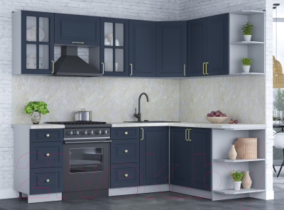 Кухонный гарнитур Интерлиния Мила Шато 1.7x2.4 правая (индиго/индиго/опал светлый)