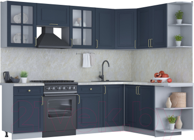 Кухонный гарнитур Интерлиния Мила Шато 1.7x2.6 правая (индиго/индиго/опал светлый) - фото