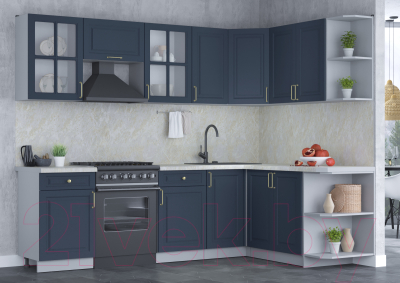 Кухонный гарнитур Интерлиния Мила Шато 1.7x2.6 правая (индиго/индиго/опал светлый)