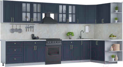 Кухонный гарнитур Интерлиния Мила Шато 1.7x3.8 правая (индиго/индиго/опал светлый) - фото