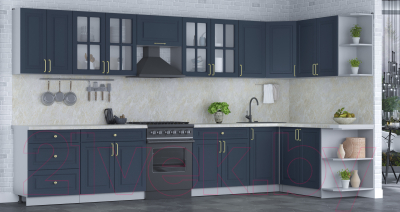 Кухонный гарнитур Интерлиния Мила Шато 1.7x3.8 правая (индиго/индиго/опал светлый)