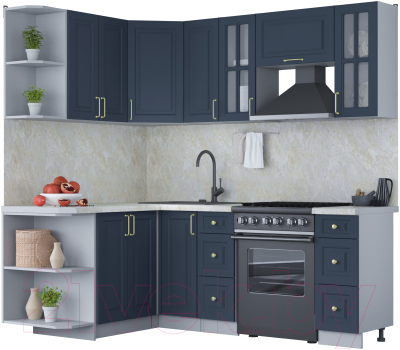 Кухонный гарнитур Интерлиния Мила Шато 1.5x2.1 левая (индиго/индиго/опал светлый) - фото