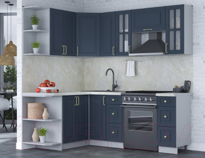 Кухонный гарнитур Интерлиния Мила Шато 1.5x2.1 левая (индиго/индиго/опал светлый)