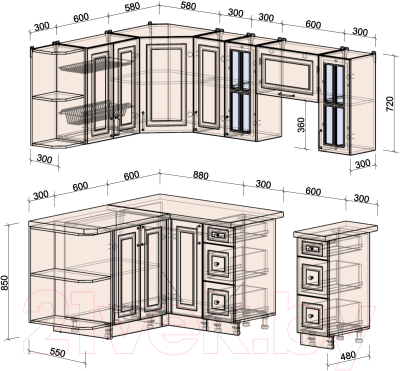 Кухонный гарнитур Интерлиния Мила Шато 1.5x2.1 левая (индиго/индиго/опал светлый)