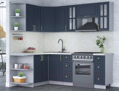 Кухонный гарнитур Интерлиния Мила Шато 1.5x2.2 левая (индиго/индиго/опал светлый)