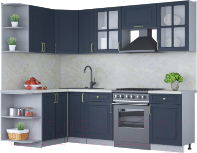 Кухонный гарнитур Интерлиния Мила Шато 1.5x2.5 левая (индиго/индиго/опал светлый) - фото