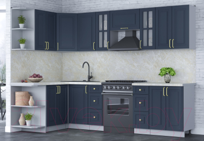Кухонный гарнитур Интерлиния Мила Шато 1.5x2.8 левая (индиго/индиго/опал светлый)