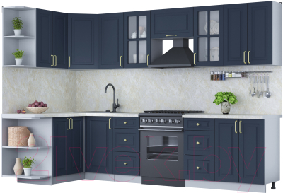 Кухонный гарнитур Интерлиния Мила Шато 1.5x3.0 левая (индиго/индиго/опал светлый) - фото
