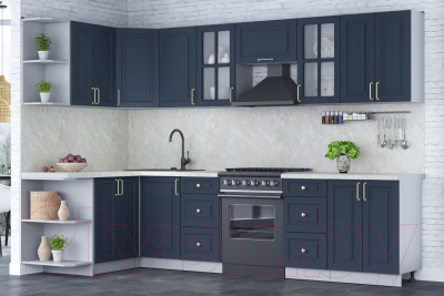 Кухонный гарнитур Интерлиния Мила Шато 1.5x3.0 левая (индиго/индиго/опал светлый)