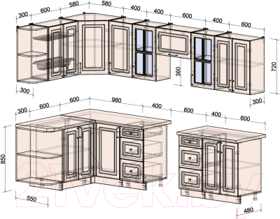 Кухонный гарнитур Интерлиния Мила Шато 1.5x3.0 левая (индиго/индиго/опал светлый)