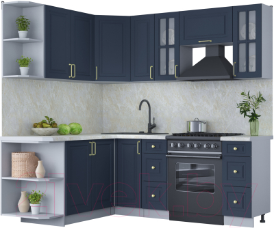 Кухонный гарнитур Интерлиния Мила Шато 1.7x2.1 левая (индиго/индиго/опал светлый) - фото